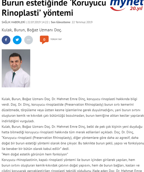 Kulak, Burun, Boğaz Uzmanı Doç. Dr. Mehmet Emre Dinç, koruyucu rinoplasti hakkında bilgi verdi.
